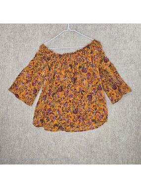 Bailey & Co Women Off-The-Shoulder Mustard Floral Blouse Large Rayon Lightweight